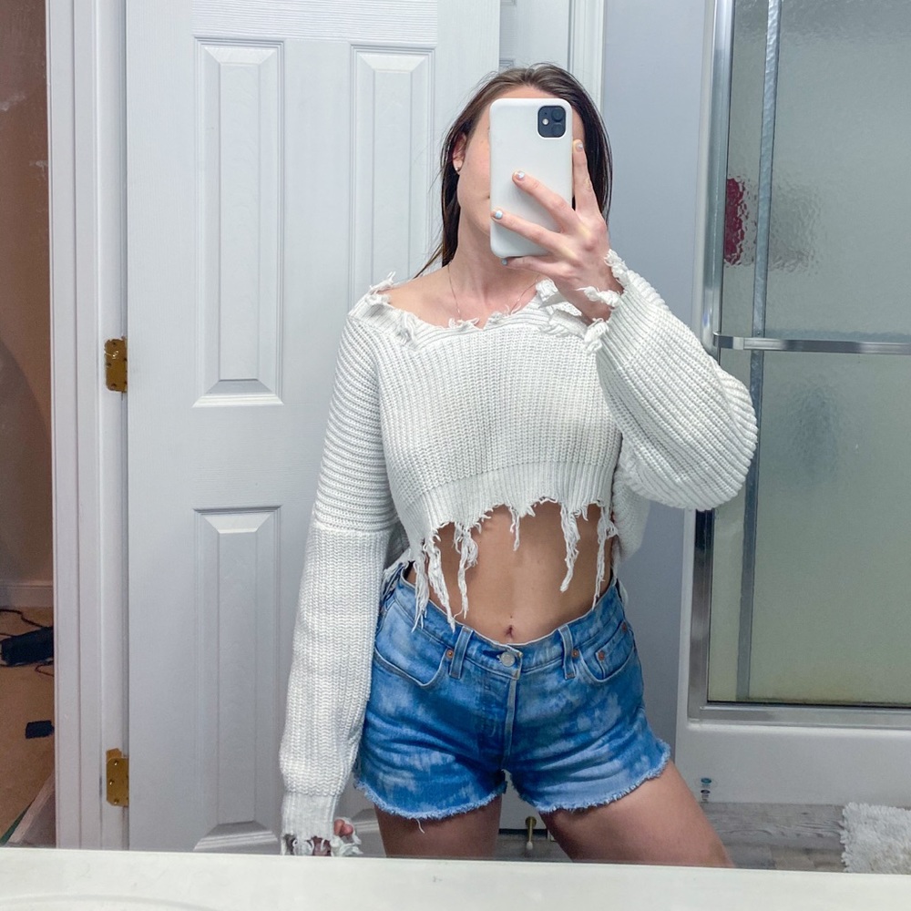 Off shoulder white cropped sweater
